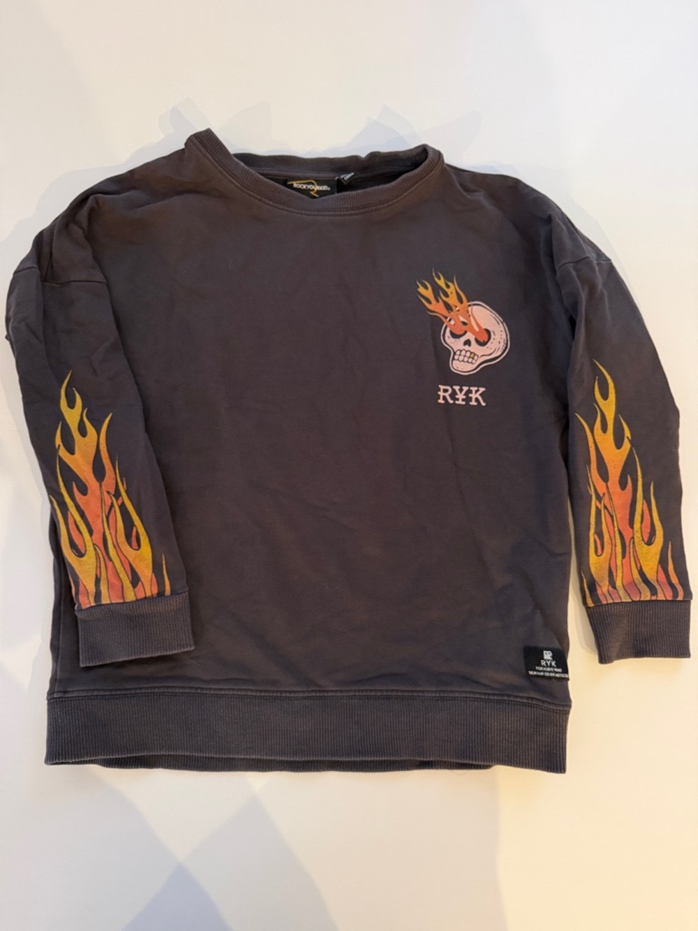Kids' Black Crewneck Sweatshirt with Flame Graphic
